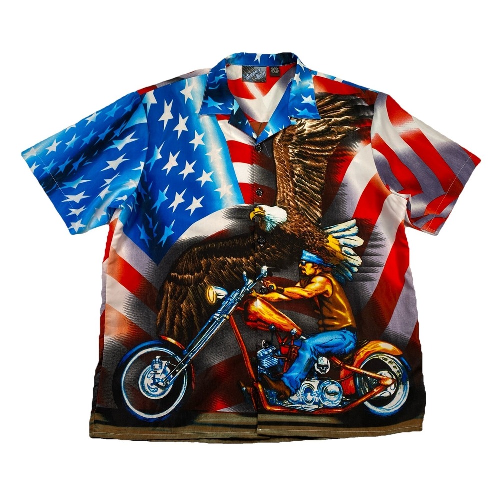 Easy Rider Biker Sapphire Lounge All Over Button Up Shirt Eagle Flag XXL